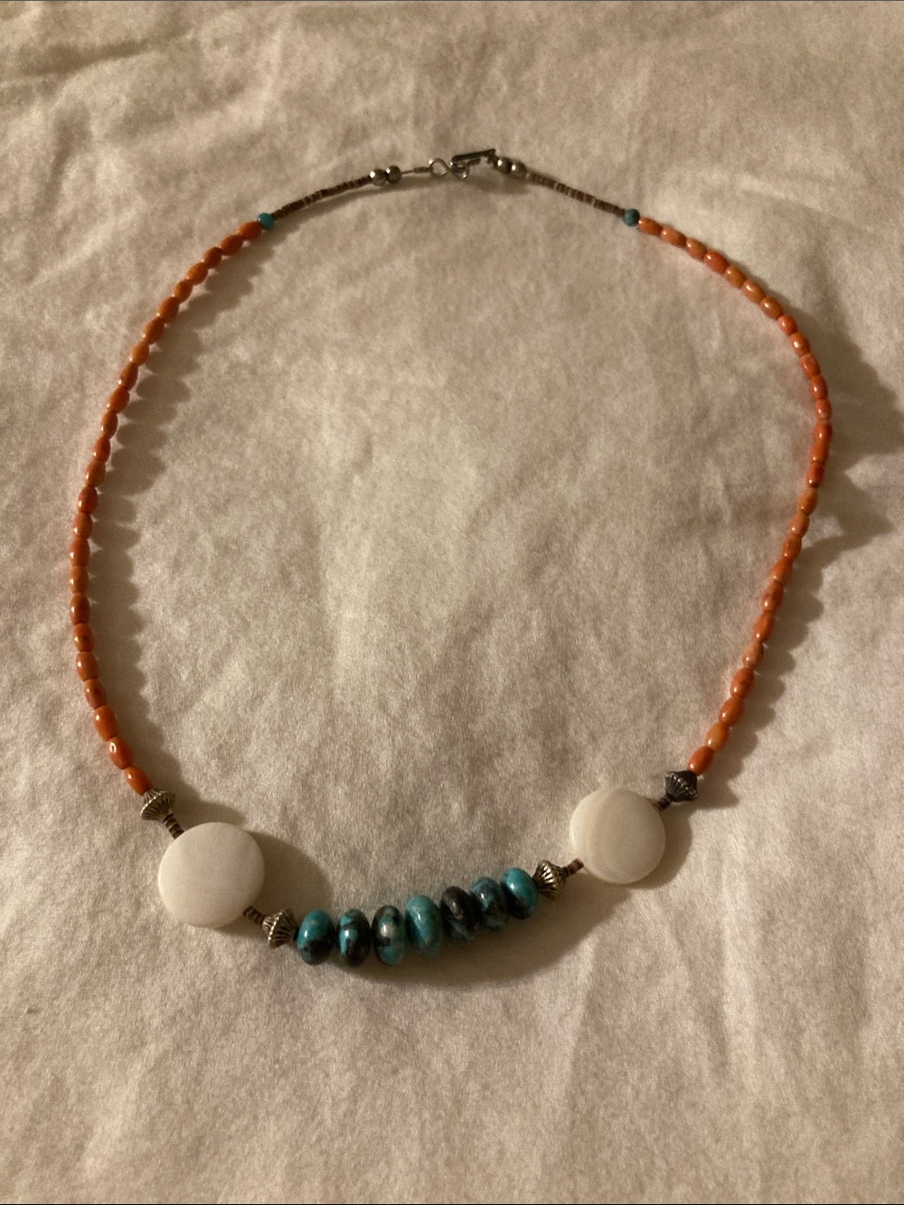Orange and Turquoise Beaded Necklace with White Discs